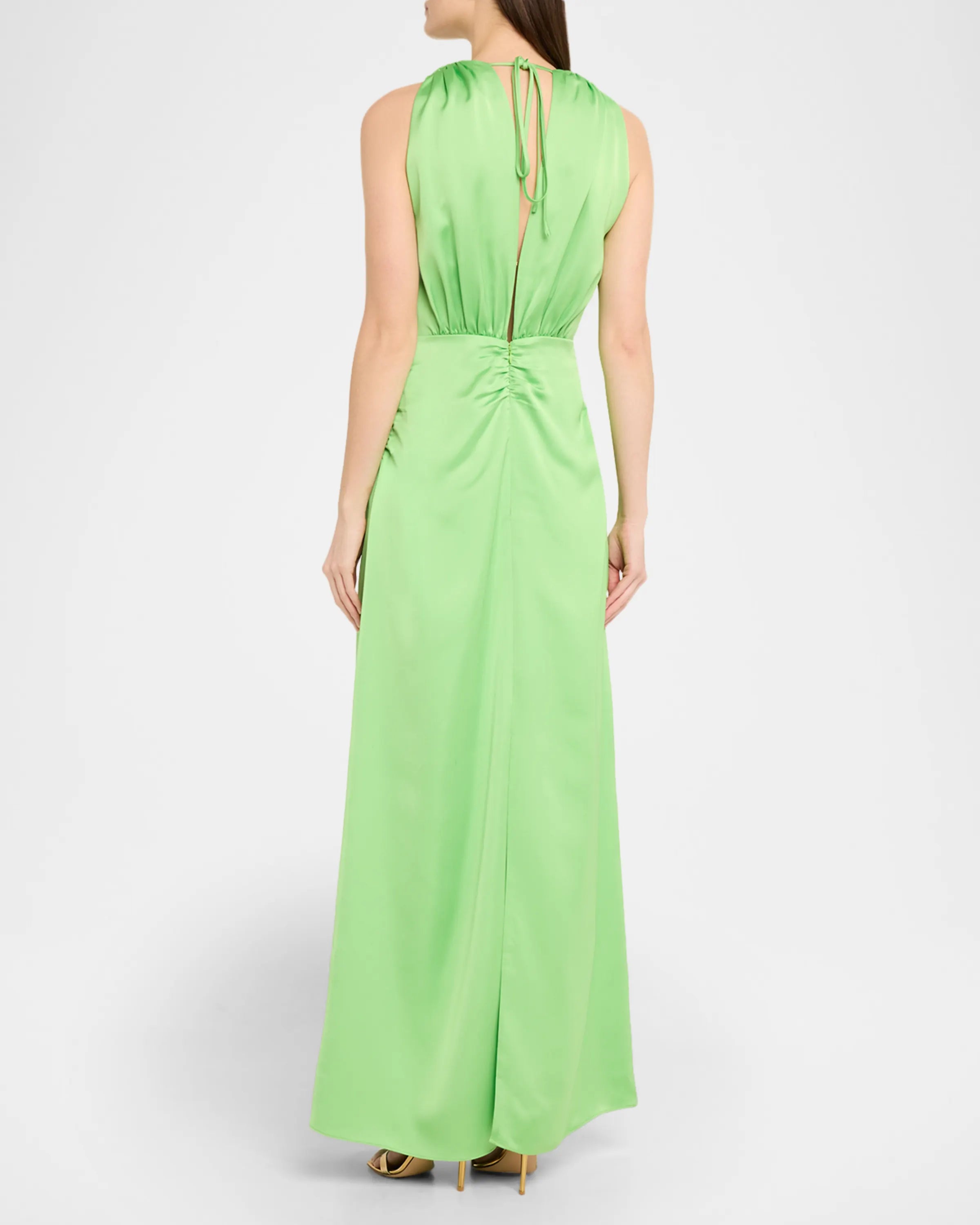 Elegant Fresh Lime Green Satin Column Silhouette Deep V-Neck Sleeveless Halter Tie Back Ruched Waist Floor-Length Evening Dress