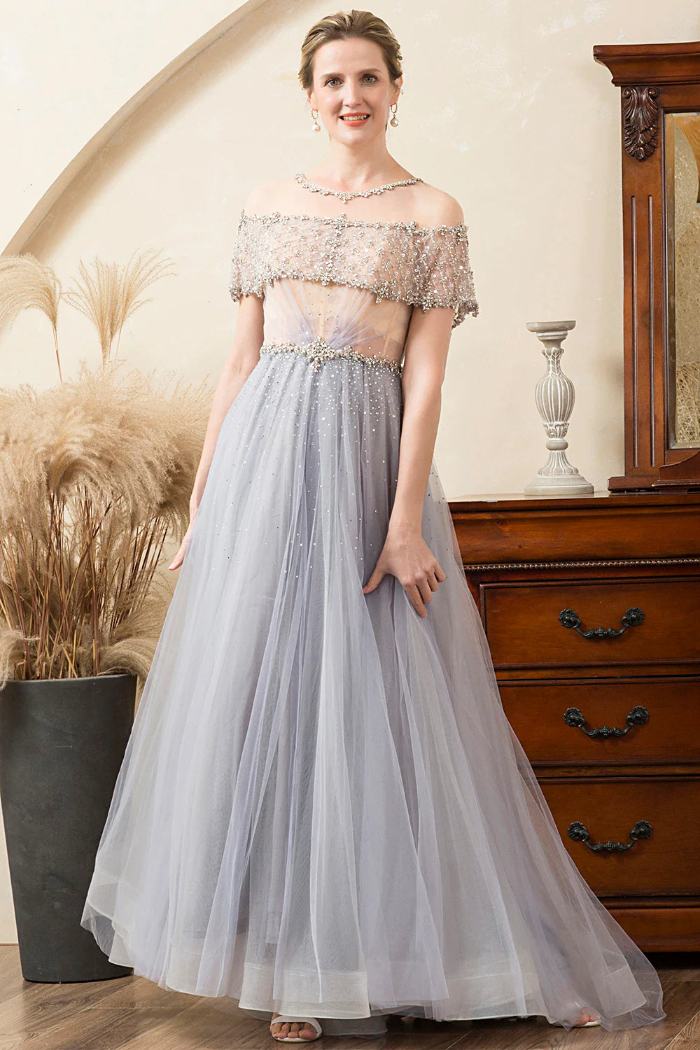 Elegant Grey Tulle Off Shoulder Beaded A-Line Floor-Length Mother of the Bride Dress