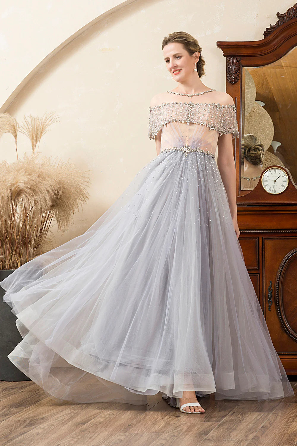 Elegant Grey Tulle Off Shoulder Beaded A-Line Floor-Length Mother of the Bride Dress