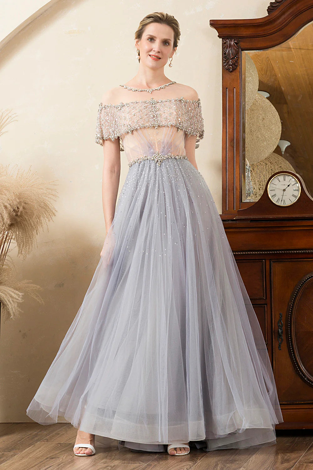 Elegant Grey Tulle Off Shoulder Beaded A-Line Floor-Length Mother of the Bride Dress