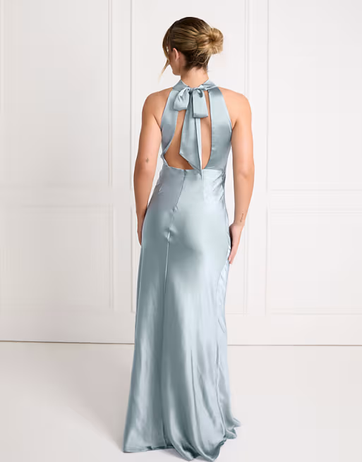 Elegant Halter-Neck Bow-Back Floor-Length Mermaid Satin Bridesmaid Dress