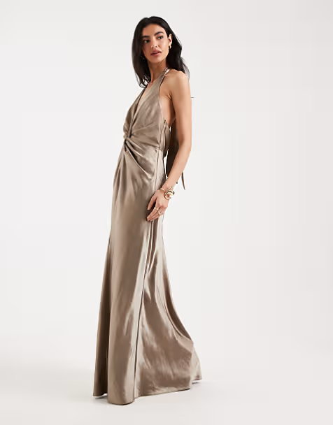 Elegant Halter-Neck Knotted-Bodice Floor-Length Satin Bridesmaid Dress