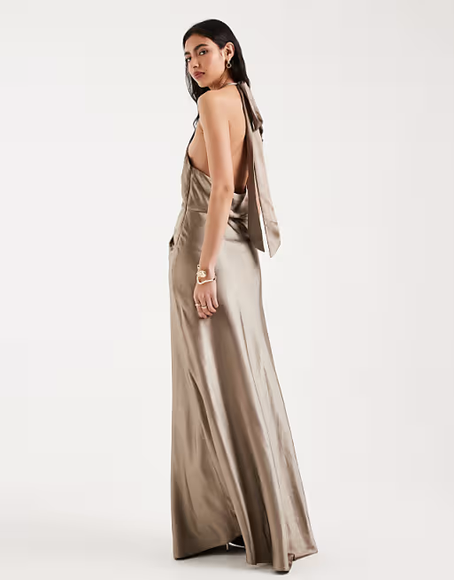 Elegant Halter-Neck Knotted-Bodice Floor-Length Satin Bridesmaid Dress