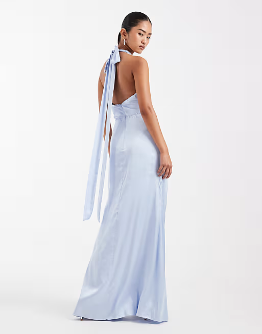 Elegant Halter-Neck Ruched-Bust Tie-Back Floor-Length Satin Bridesmaid Dress