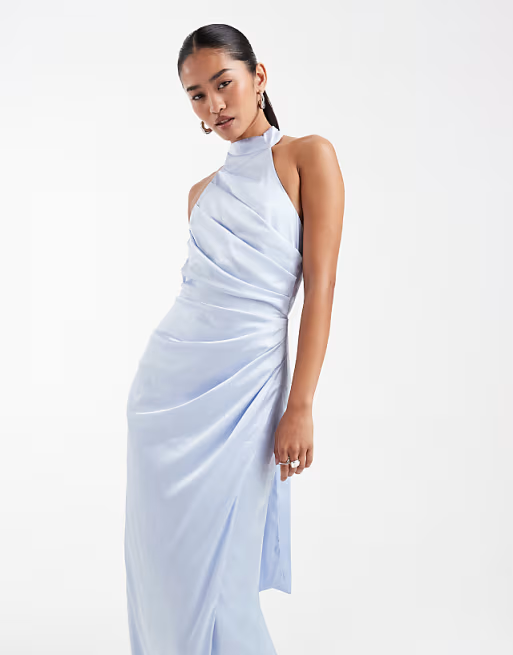 Elegant Halter-Neck Ruched-Bust Tie-Back Floor-Length Satin Bridesmaid Dress