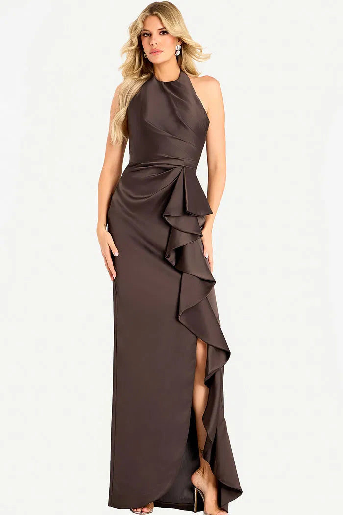 Elegant Halter Evening Dresses with Ruched Waist Detail, Cascading Ruffle Accent, Daring High Slit and Lustrous Satin Maxi Silhouette Formal Gown