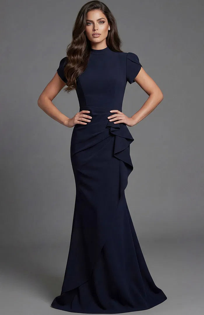Elegant High-Neck Evening Dresses with Puffed Cap Sleeves, Ruched Ruffle Detail and Form-Fitting Crepe Mermaid Maxi Silhouette Formal Gown