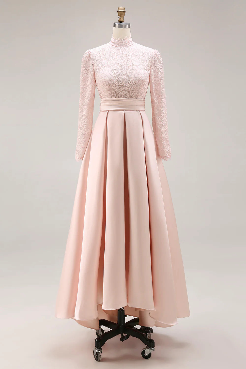 Elegant High-Neck Lace Long-Sleeve Pleated Waist A-Line Floor-Length Mother of the Bride Dress