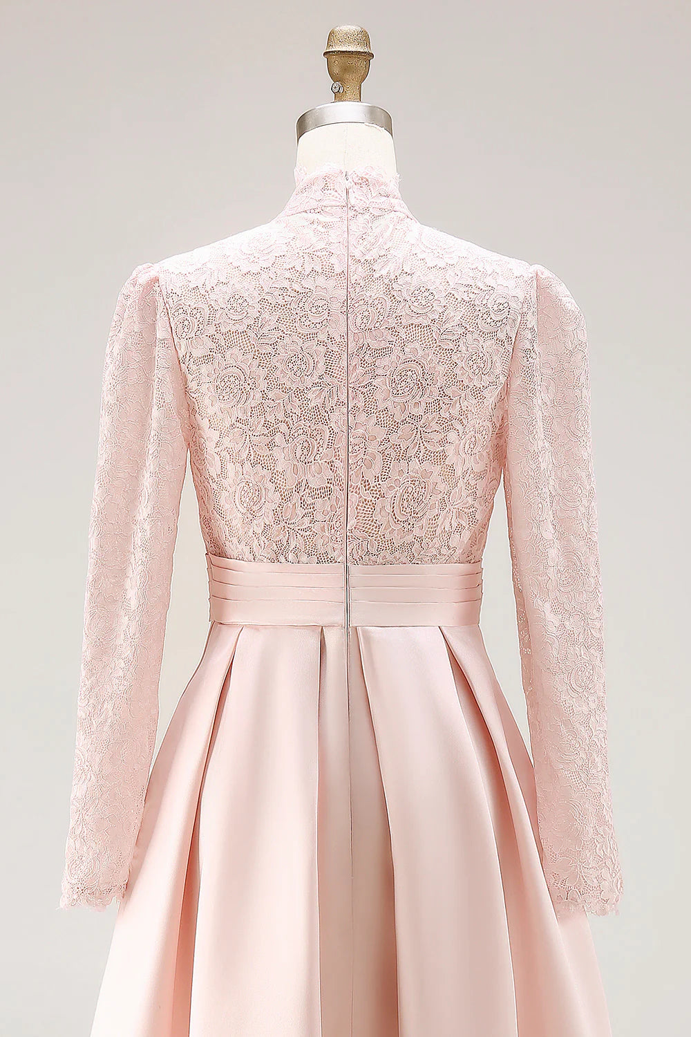 Elegant High-Neck Lace Long-Sleeve Pleated Waist A-Line Floor-Length Mother of the Bride Dress
