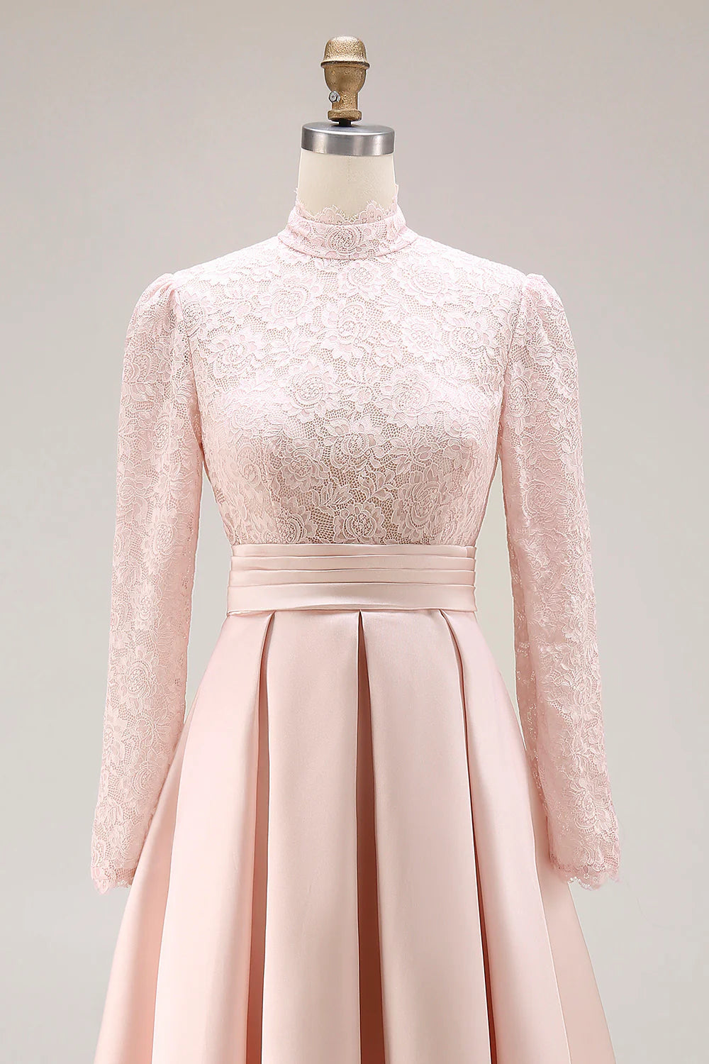 Elegant High-Neck Lace Long-Sleeve Pleated Waist A-Line Floor-Length Mother of the Bride Dress
