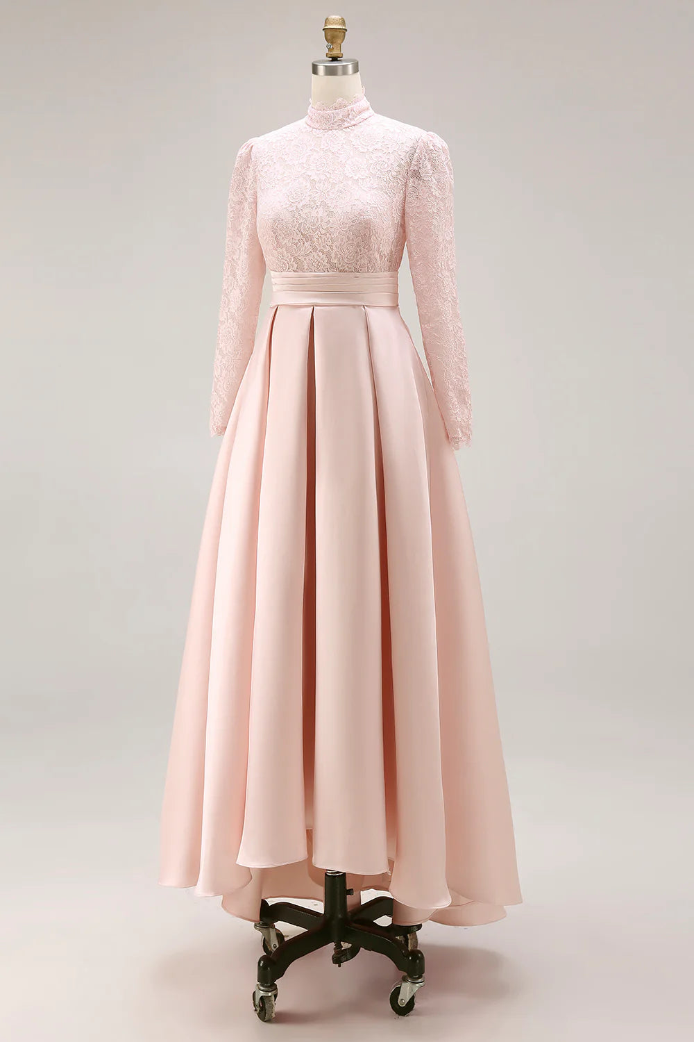Elegant High-Neck Lace Long-Sleeve Pleated Waist A-Line Floor-Length Mother of the Bride Dress