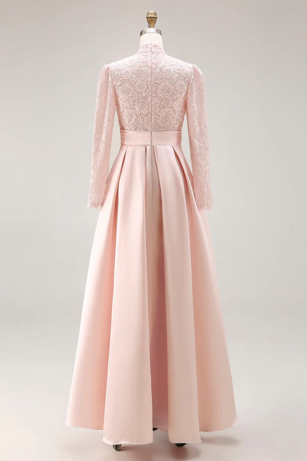 Elegant High-Neck Lace Long-Sleeve Pleated Waist A-Line Floor-Length Mother of the Bride Dress