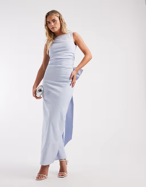 Elegant High-Neck Ruched-Waist Bow-Back Floor-Length Satin Bridesmaid Dress