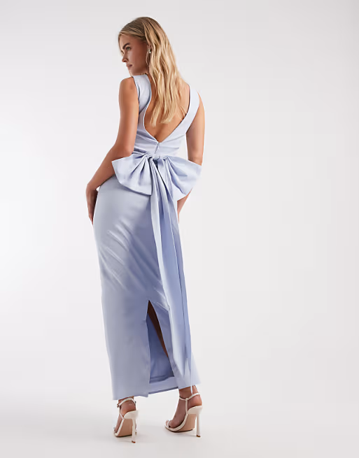 Elegant High-Neck Ruched-Waist Bow-Back Floor-Length Satin Bridesmaid Dress