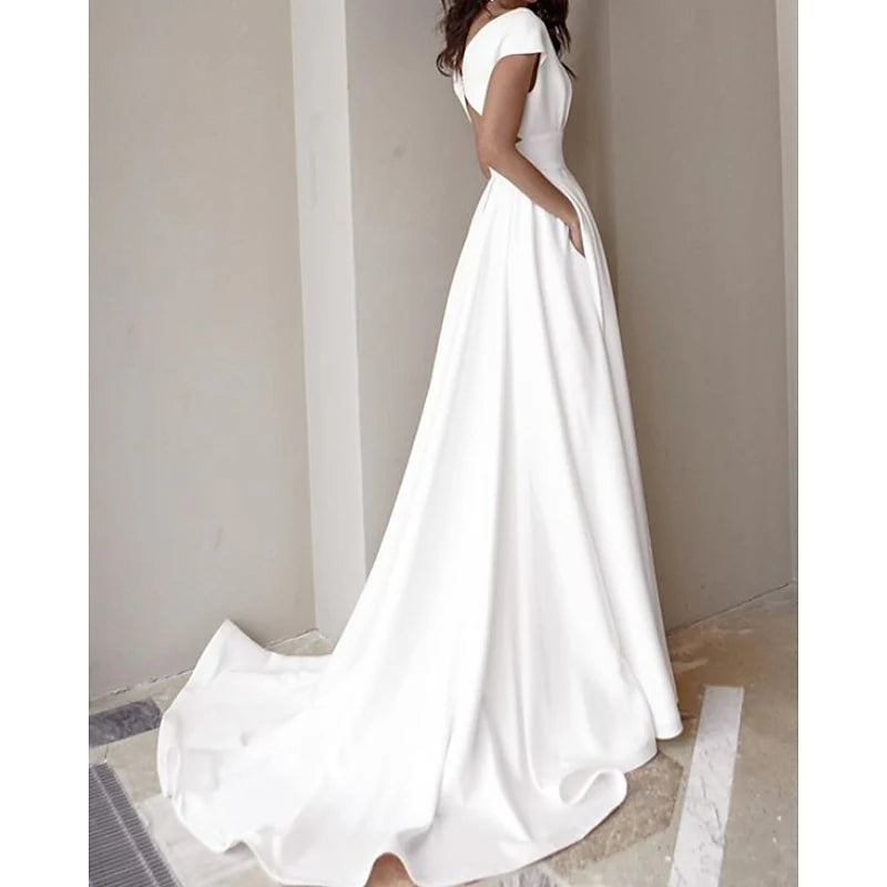 Elegant Ivory V-Neck Cap Sleeve Cutout Waist High Slit A-Line Floor-Length Wedding Dress with Chapel Train