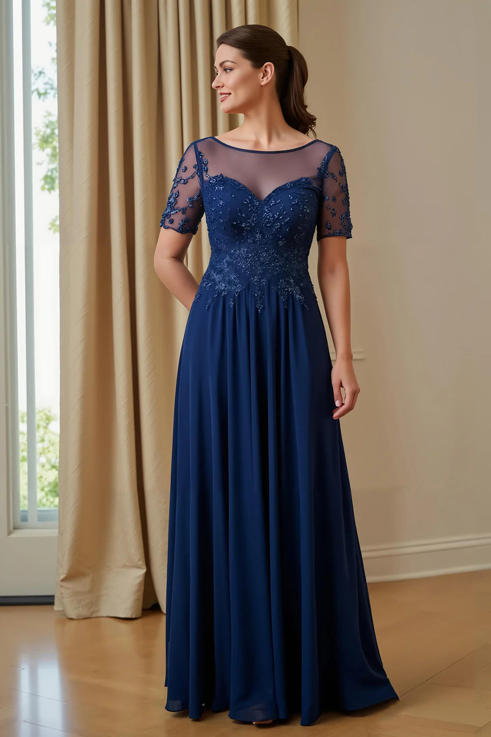 Elegant Lace-Appliqué Chiffon A-Line Illusion-Neck Short-Sleeve Floor Length Mother of the Bride Dress