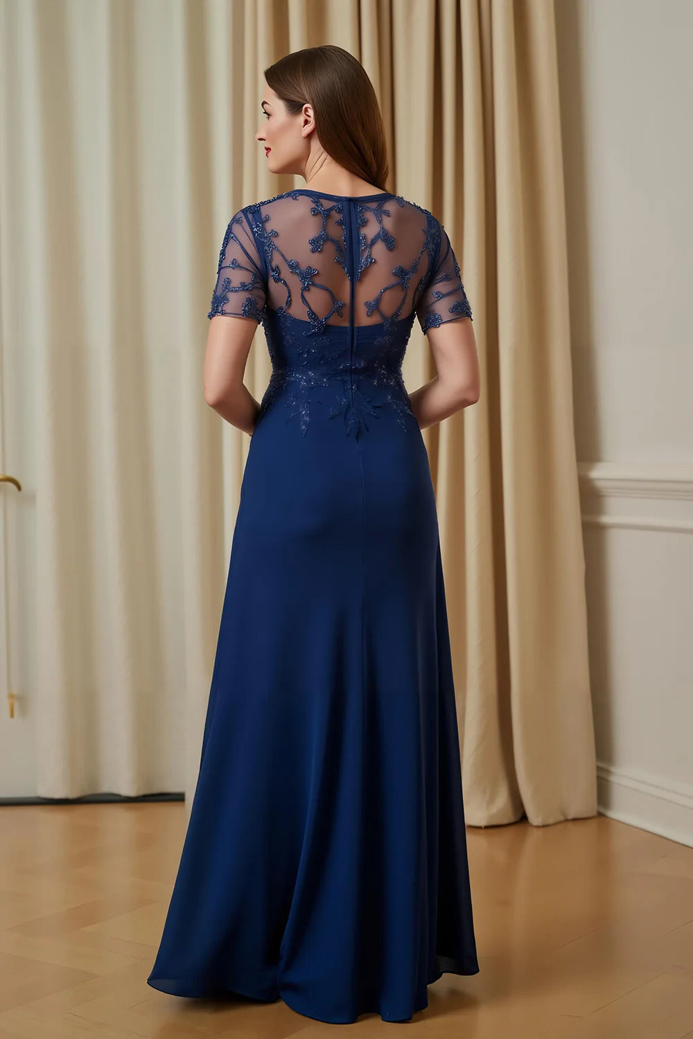 Elegant Lace-Appliqué Chiffon A-Line Illusion-Neck Short-Sleeve Floor Length Mother of the Bride Dress