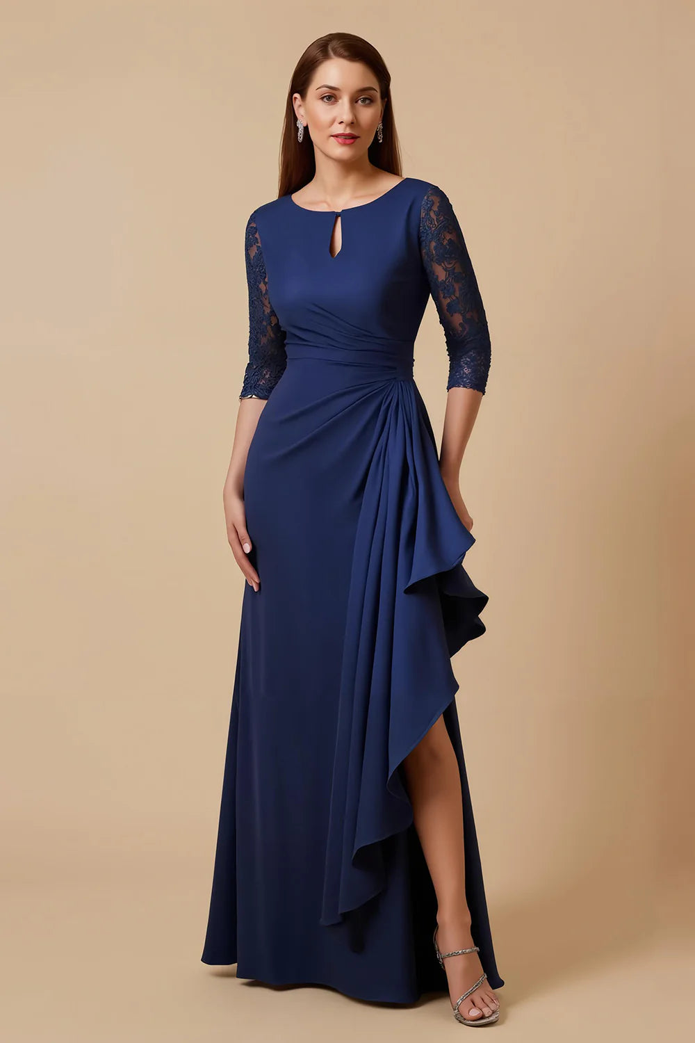 Elegant Lace-Sleeve Jersey Mermaid Keyhole-Neck Floor Length Mother of the Bride Dress