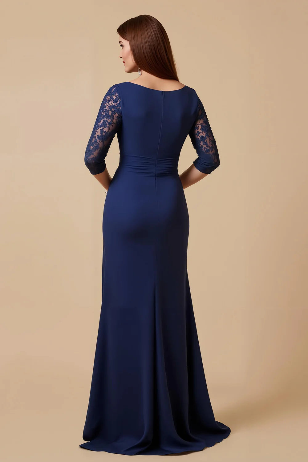 Elegant Lace-Sleeve Jersey Mermaid Keyhole-Neck Floor Length Mother of the Bride Dress