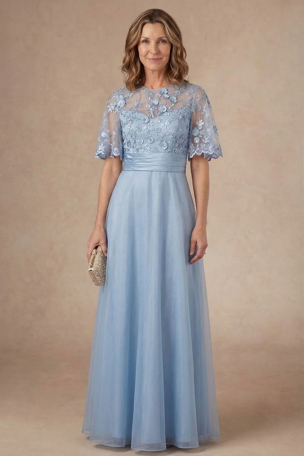 Elegant Lace Illusion Short-Sleeve Floral Applique Pleated Waist A-Line Mother of the Bride Dress