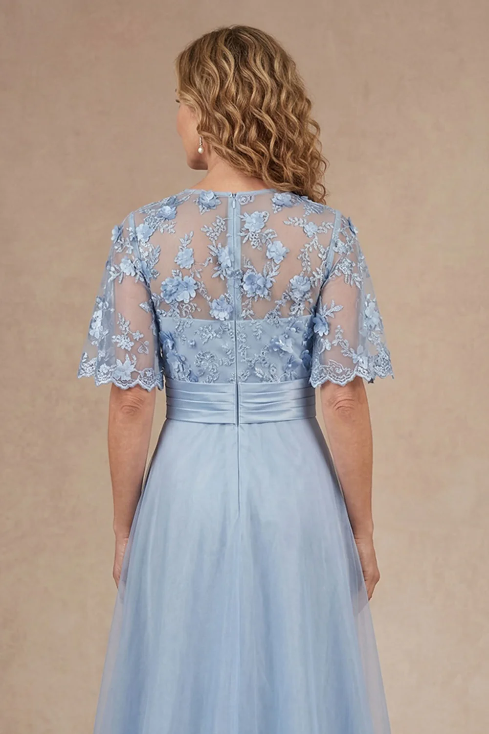 Elegant Lace Illusion Short-Sleeve Floral Applique Pleated Waist A-Line Mother of the Bride Dress