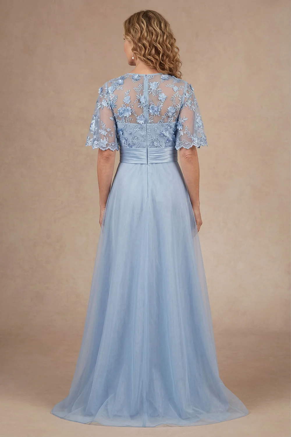 Elegant Lace Illusion Short-Sleeve Floral Applique Pleated Waist A-Line Mother of the Bride Dress