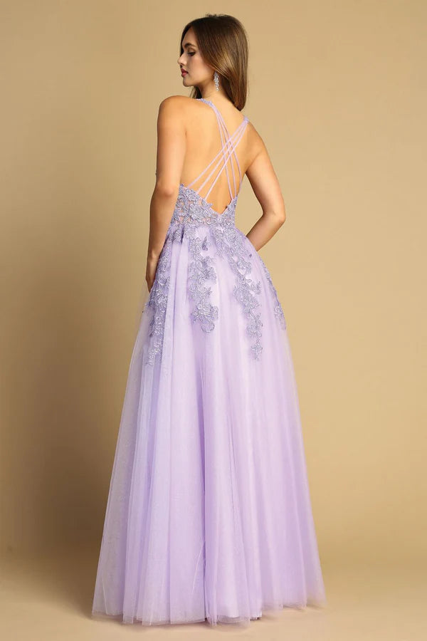 Elegant Lavender A Line V Neck Spaghetti Straps Criss Cross Back Floor Length Evening Dress