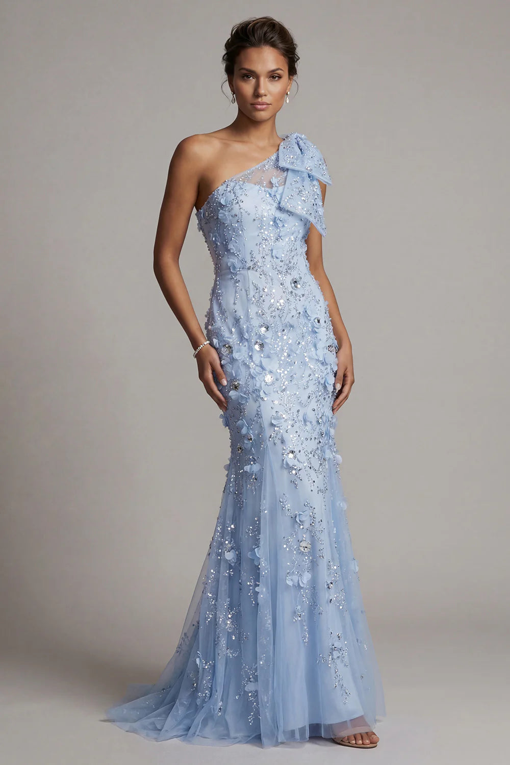Elegant Light Blue Tulle Mermaid One-Shoulder Sleeveless Bow Back Zip Maxi Mother of the Bride Dresses