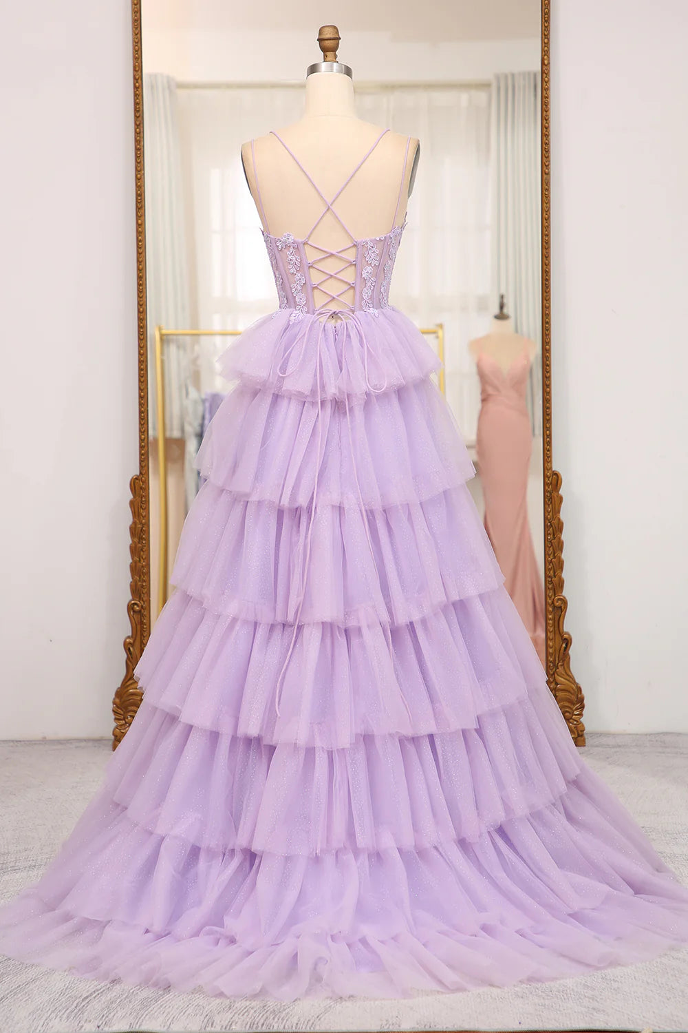 Elegant Lilac A Line Tulle Tiered Long Corset Prom Dress With Appliques