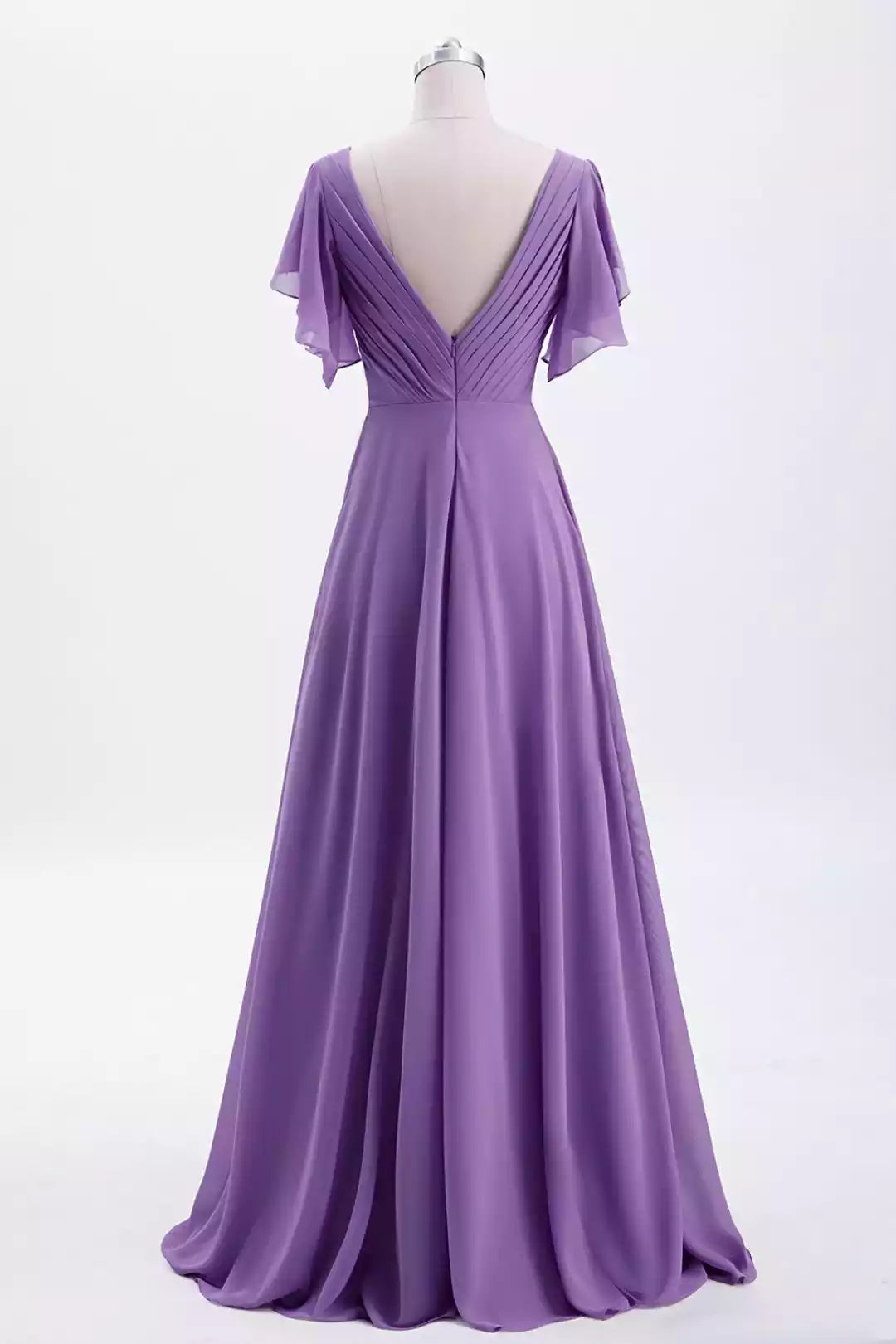 Elegant Lilac Chiffon A-Line Gown with Flutter Sleeves & V-Back