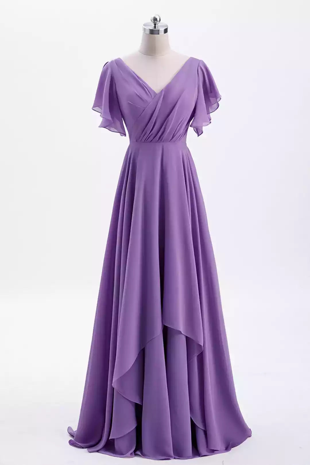 Elegant Lilac Chiffon A-Line Gown with Flutter Sleeves & V-Back