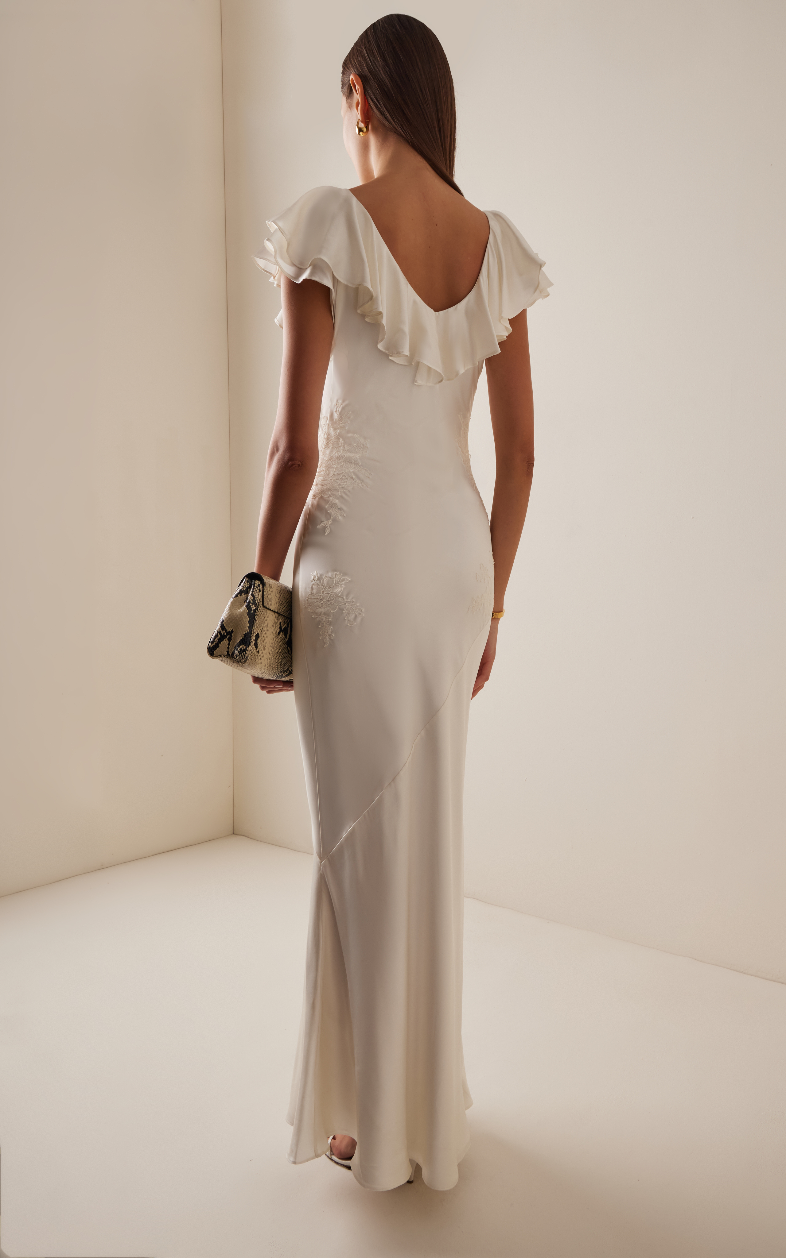 Elegant Luxe Satin Mermaid Boat Neck Ruffle Sleeve Scoop Back Maxi Evening Dress