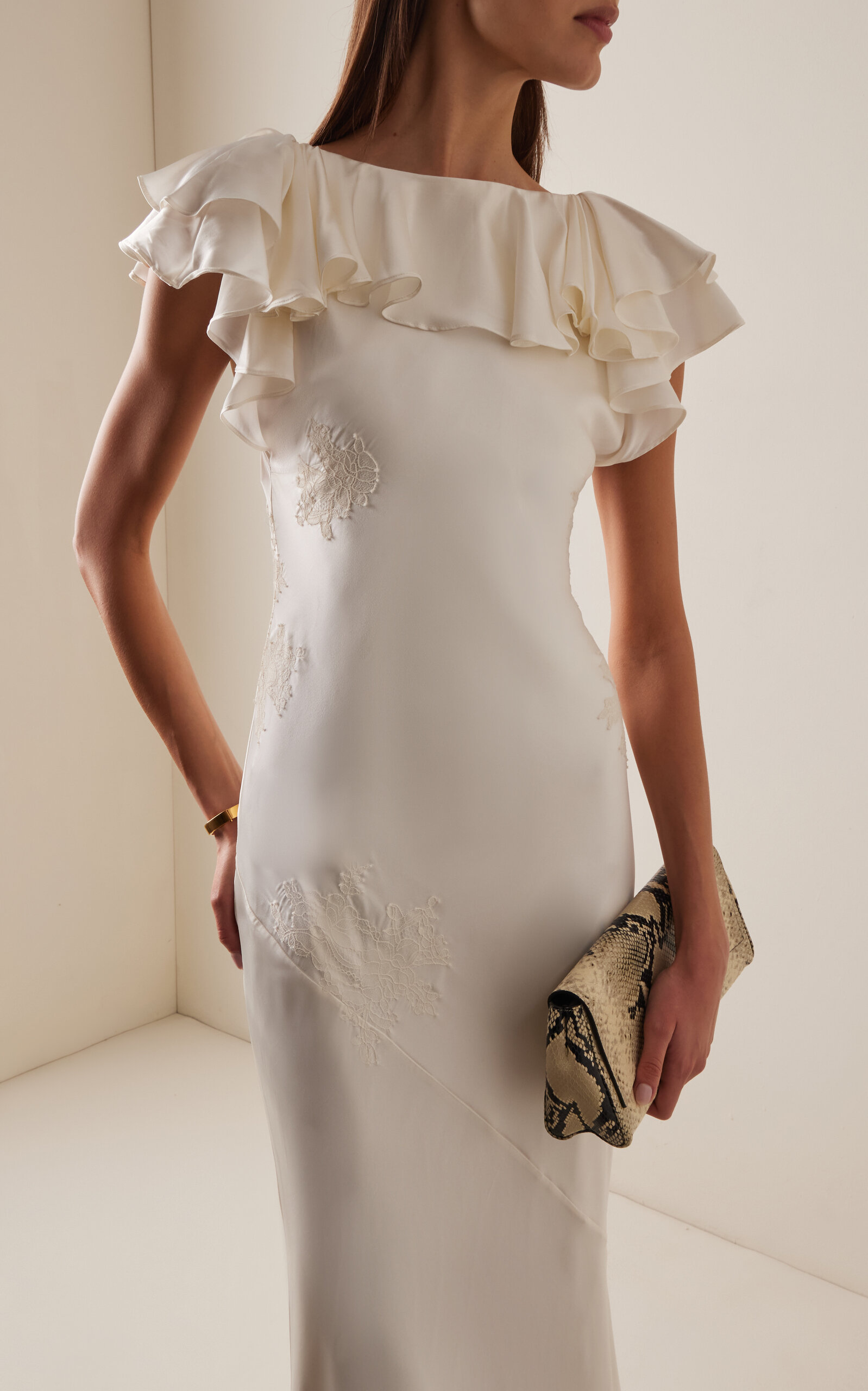 Elegant Luxe Satin Mermaid Boat Neck Ruffle Sleeve Scoop Back Maxi Evening Dress
