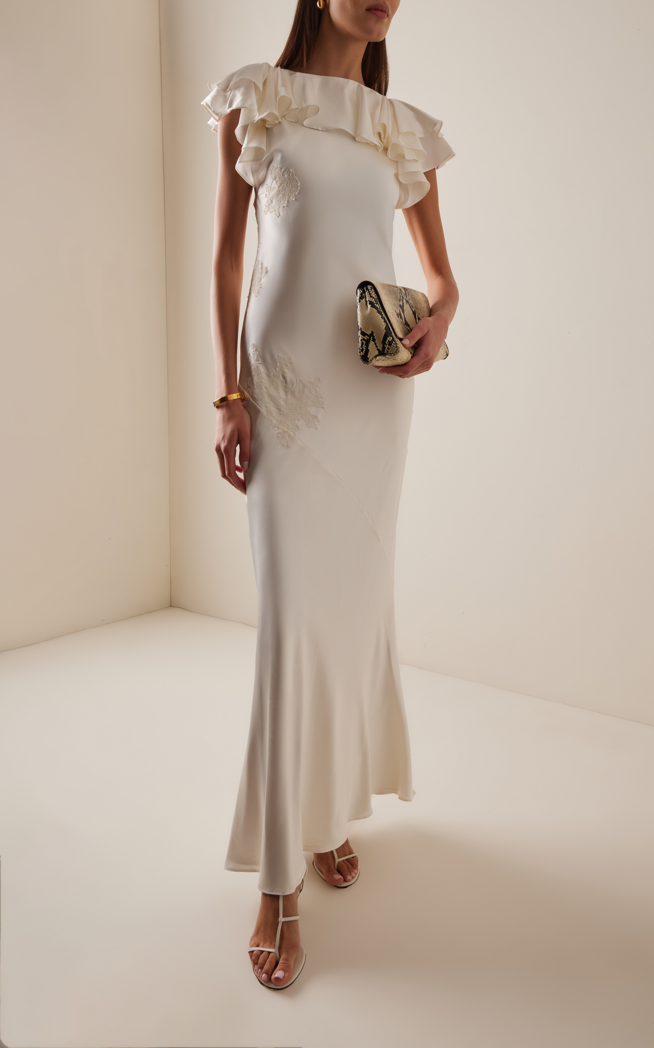 Elegant Luxe Satin Mermaid Boat Neck Ruffle Sleeve Scoop Back Maxi Evening Dress