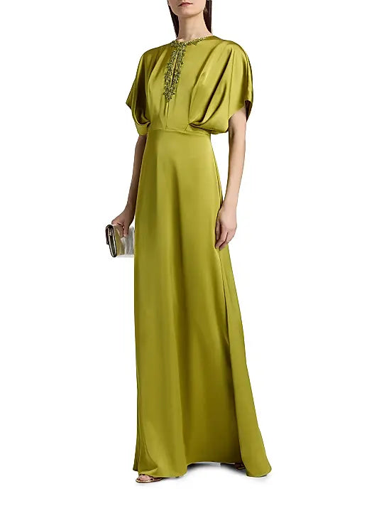 Elegant Luxury Fitted A-Line Short Sleeve Back Zipper Floor-Length Beaded Satin Evening Dresses