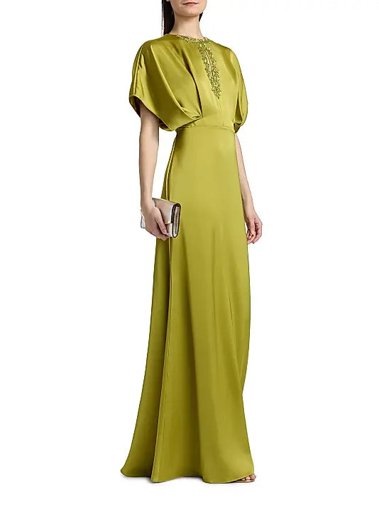 Elegant Luxury Fitted A-Line Short Sleeve Back Zipper Floor-Length Beaded Satin Evening Dresses