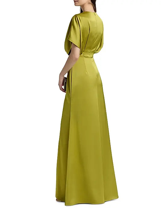 Elegant Luxury Fitted A-Line Short Sleeve Back Zipper Floor-Length Beaded Satin Evening Dresses
