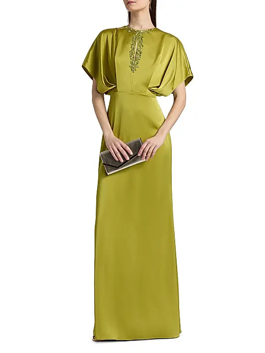 Elegant Luxury Fitted A-Line Short Sleeve Back Zipper Floor-Length Beaded Satin Evening Dresses