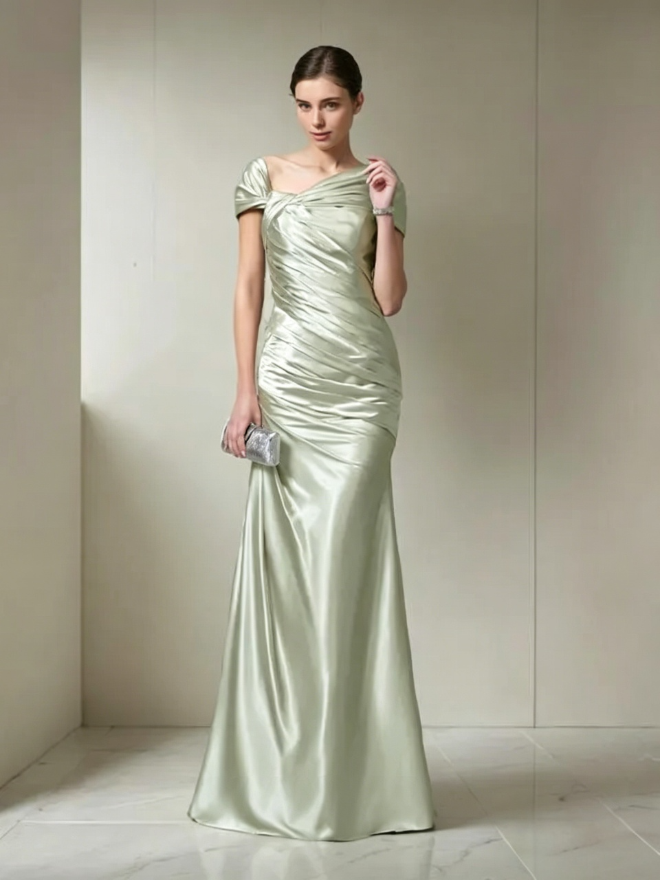Elegant Mermaid Asymmetric Off The Shoulder Short Sleeve V Back Floor Length Evening Dress