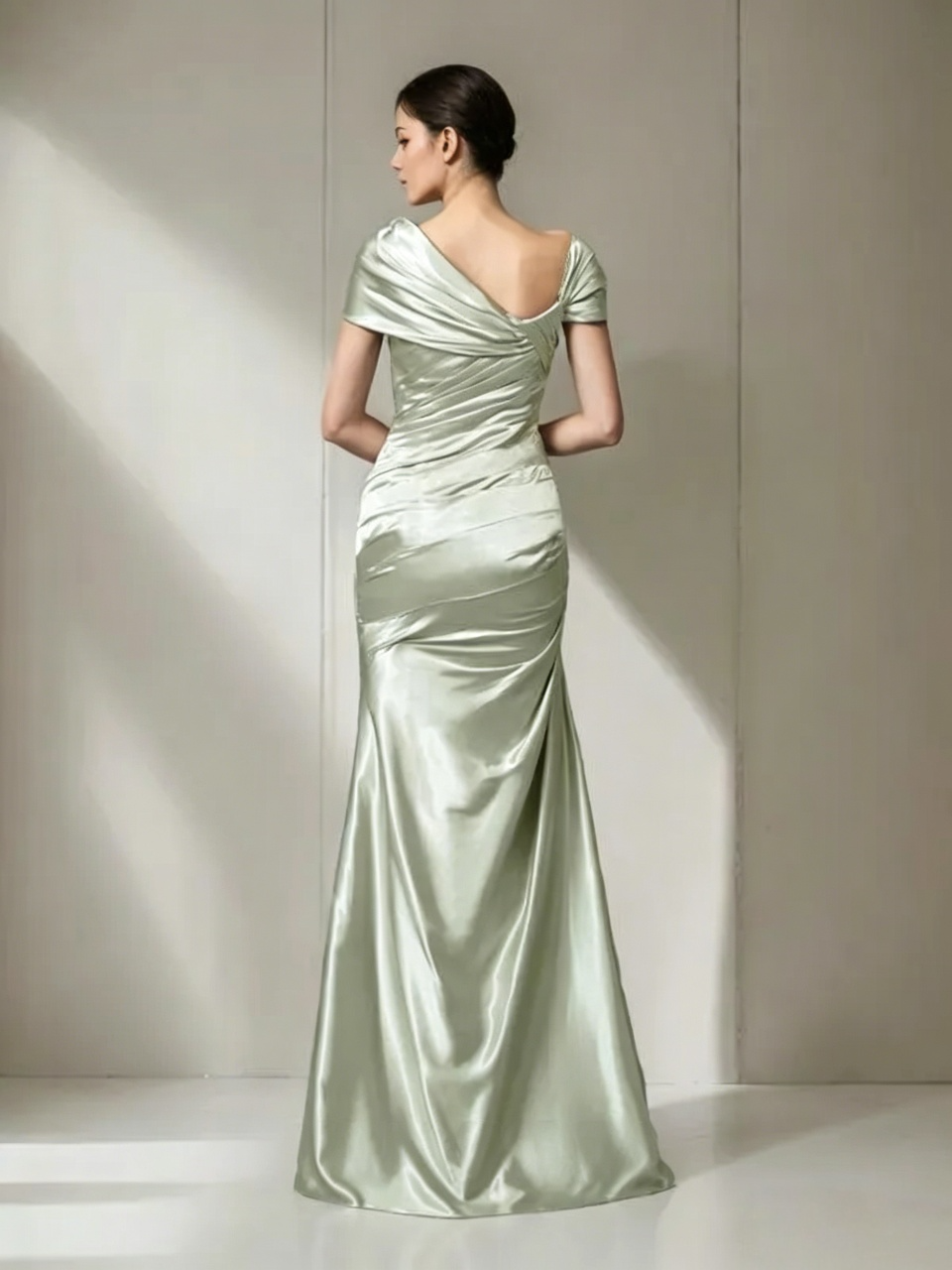 Elegant Mermaid Asymmetric Off The Shoulder Short Sleeve V Back Floor Length Evening Dress