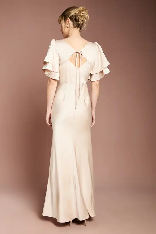 Elegant Mermaid Boat Neck Tiered Flutter Sleeve Tie Back Floor Length Evening Dress