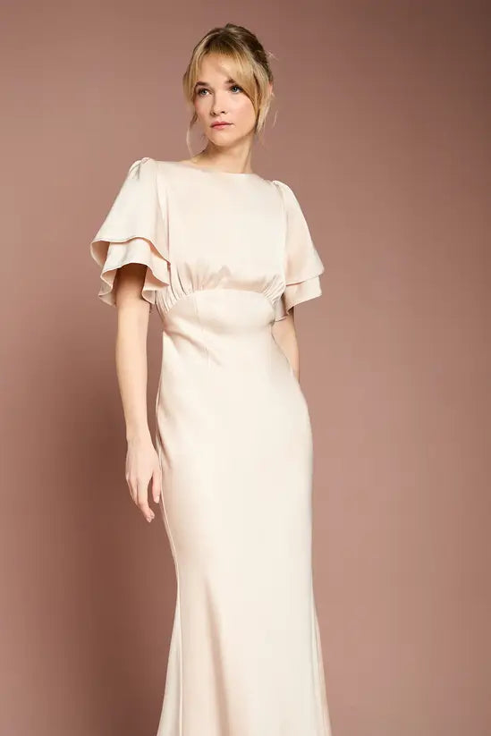 Elegant Mermaid Boat Neck Tiered Flutter Sleeve Tie Back Floor Length Evening Dress
