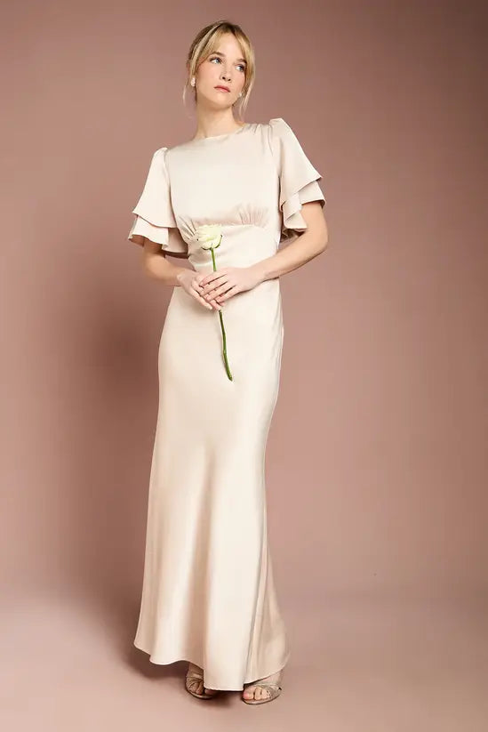 Elegant Mermaid Boat Neck Tiered Flutter Sleeve Tie Back Floor Length Evening Dress