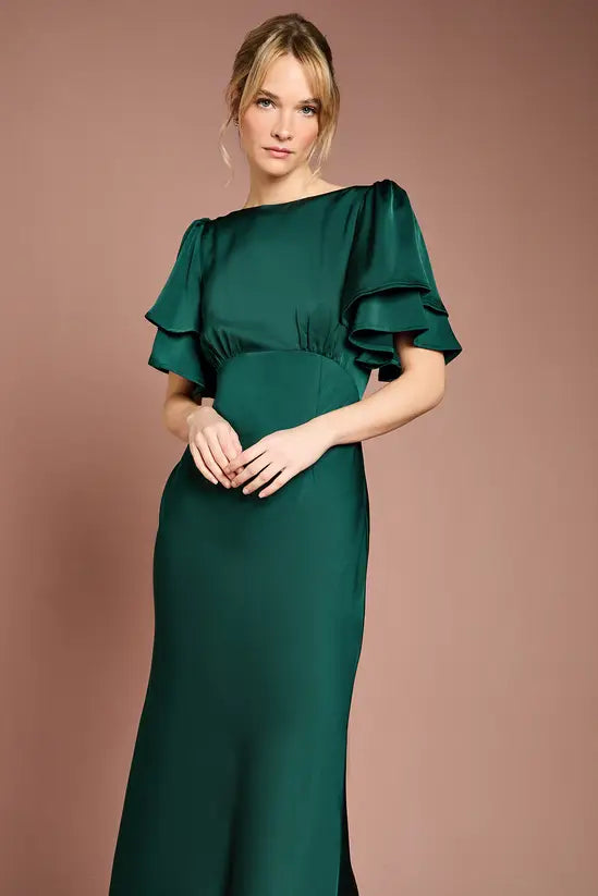 Elegant Mermaid Boat Neck Tiered Flutter Sleeve Tie Back Floor Length Evening Dress