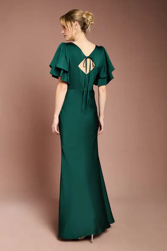 Elegant Mermaid Boat Neck Tiered Flutter Sleeve Tie Back Floor Length Evening Dress