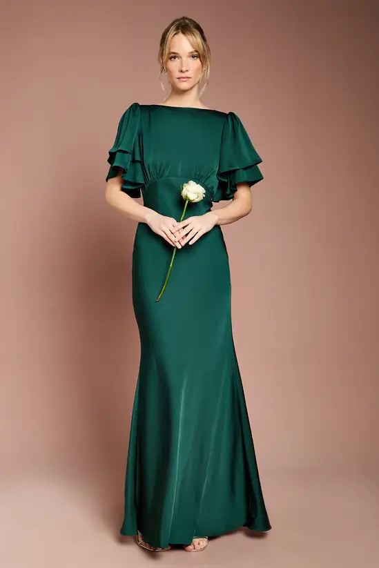 Elegant Mermaid Boat Neck Tiered Flutter Sleeve Tie Back Floor Length Evening Dress