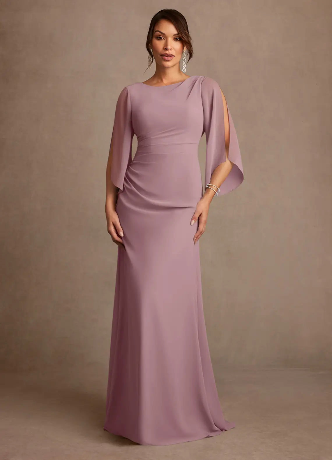 Elegant Mermaid Chiffon Cape Sleeve Cowl Back Floor Length Mother of the Bride Dress