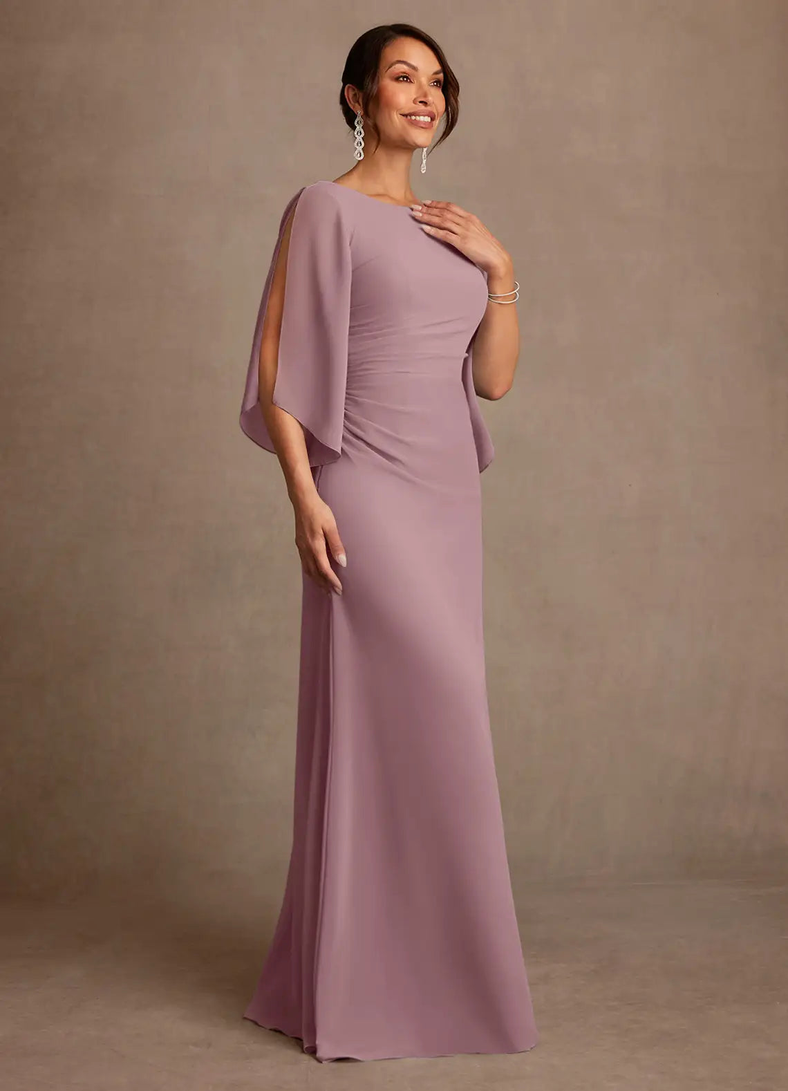 Elegant Mermaid Chiffon Cape Sleeve Cowl Back Floor Length Mother of the Bride Dress