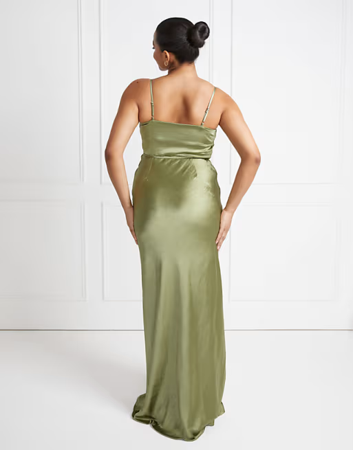 Elegant Mermaid Cowl Neck Spaghetti Straps Low Back Floor Length Bridesmaid Dress with Waist Tie