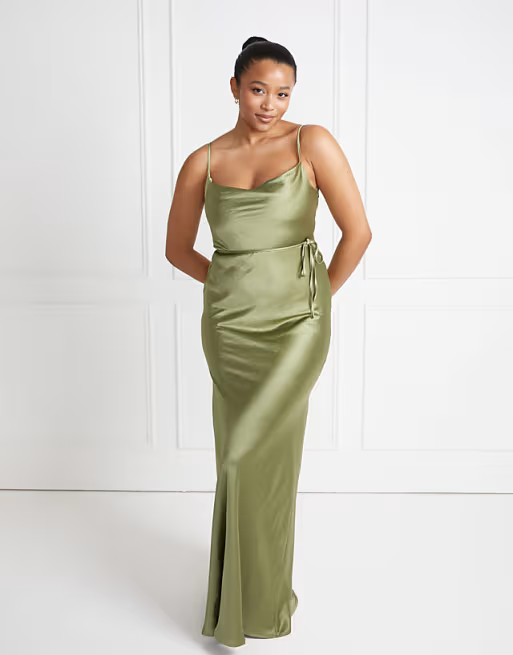 Elegant Mermaid Cowl Neck Spaghetti Straps Low Back Floor Length Bridesmaid Dress with Waist Tie